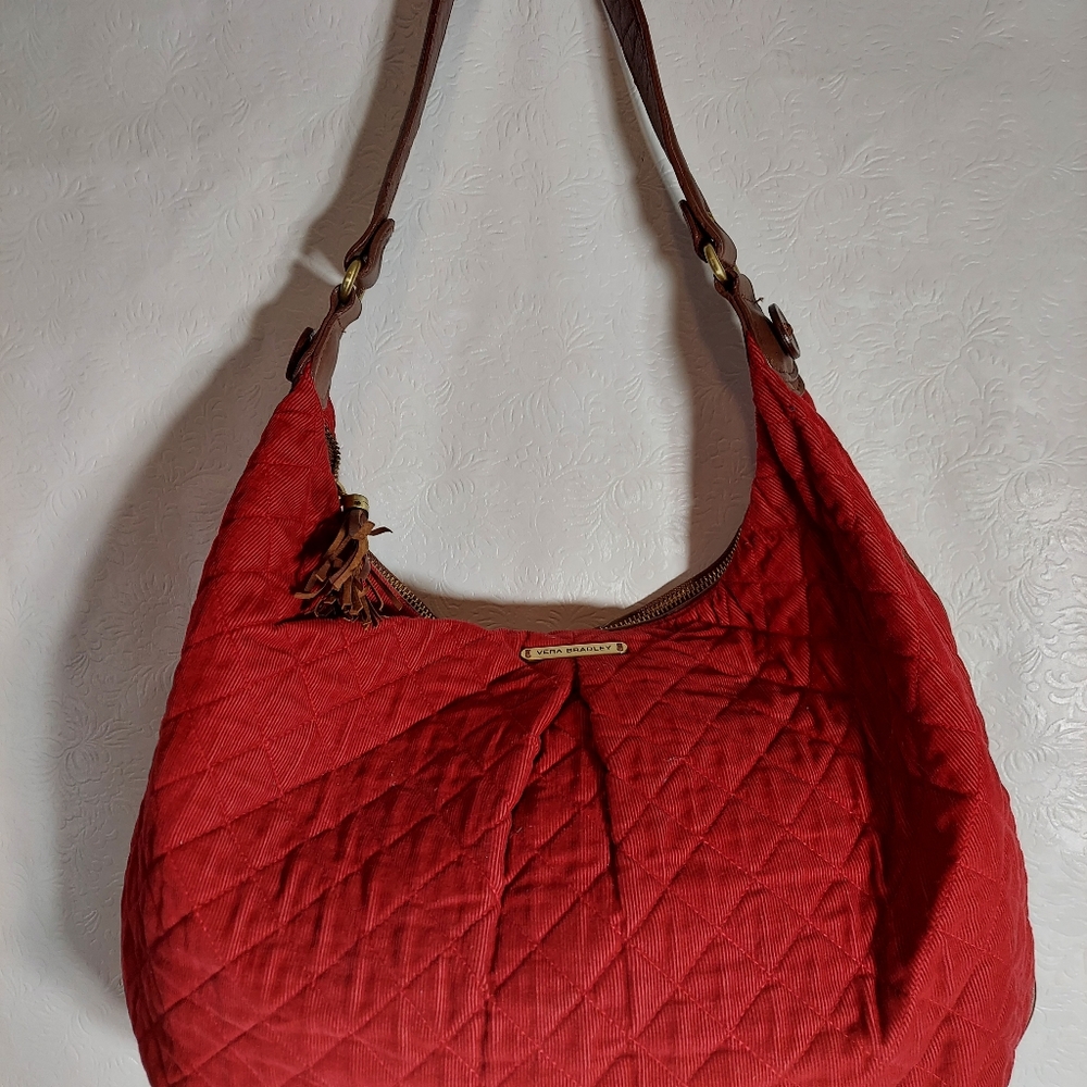 Vera Bradley XL Red Corduroy with Leather trim Hobo Handbag Purse Retired